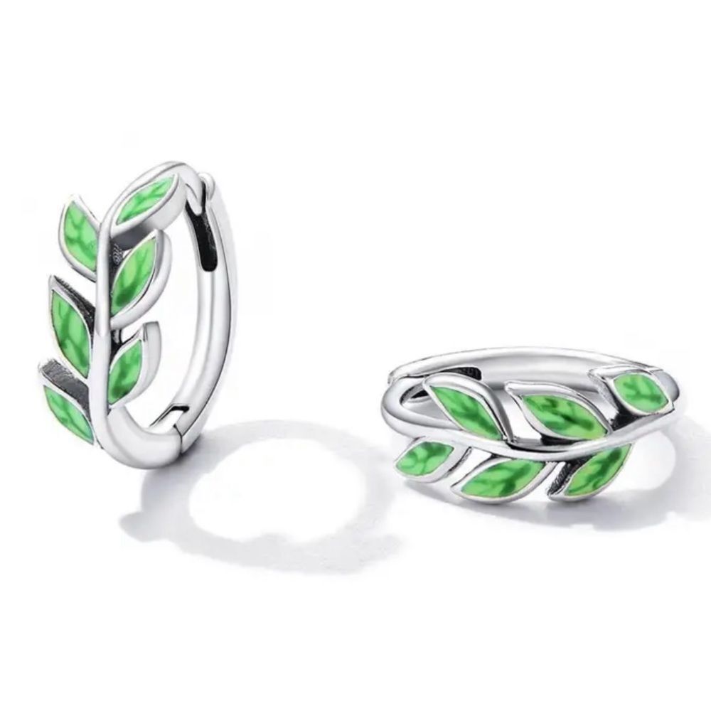S925 Sterling Silver Green Leaf Hoop Earrings